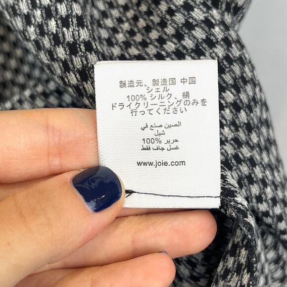 JOIE Silk Check Tie Neck Top Short Sleeve Smocked Blouse Black White Size XS - Picture 9 of 11